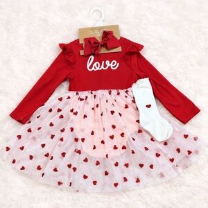 Lila & Jack Baby Girl Love Heart Tulle Dress Set Bow Headband Socks 18-24M NWT